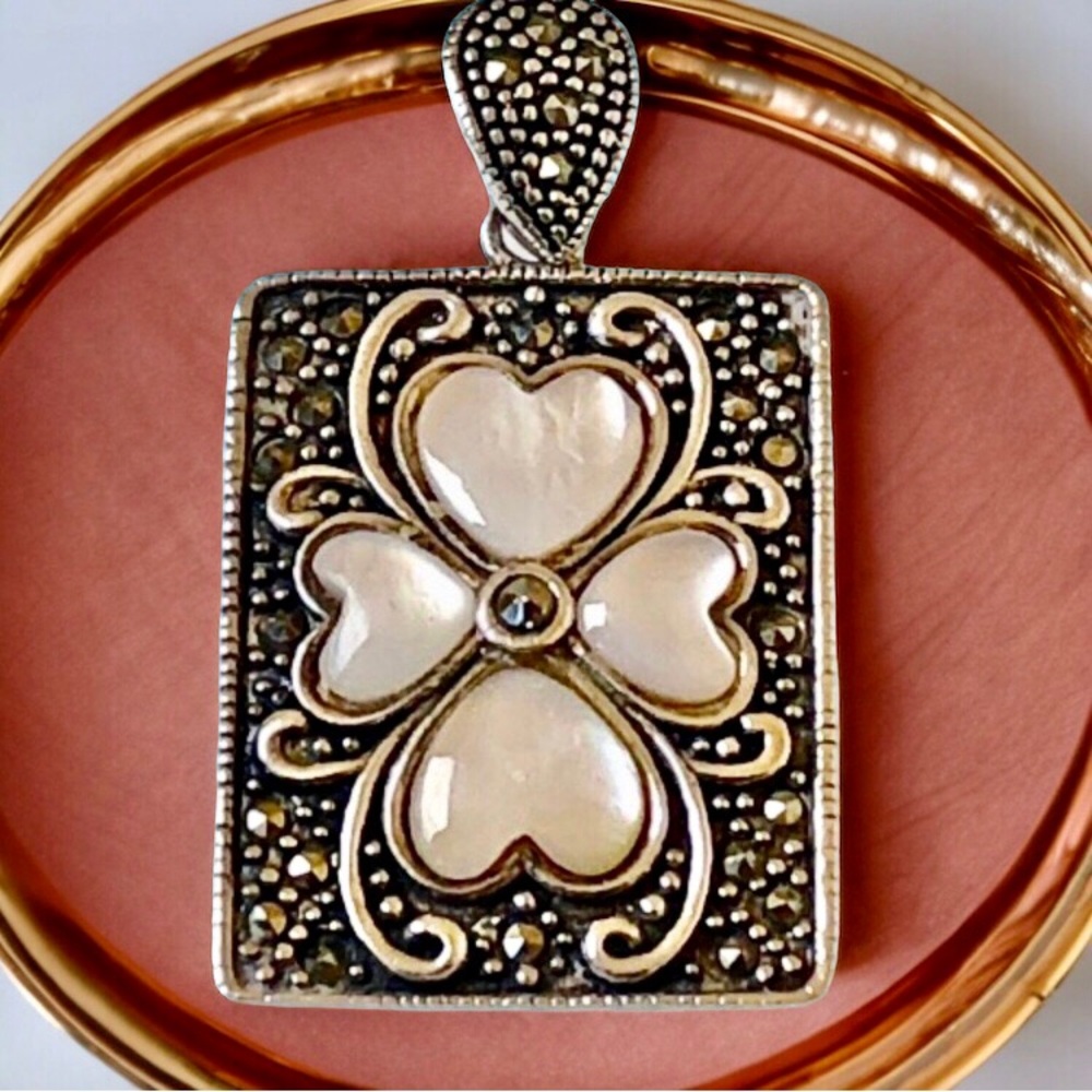 DBJ Signed 925 Sterling Silver Vintage Marcasite Mother of Pearl Heart Pendant